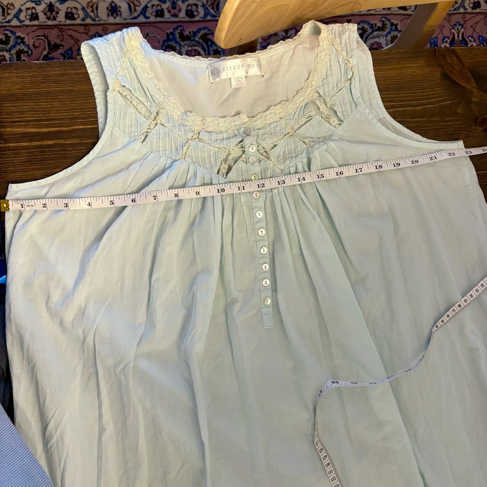Eileen West Light Aqua Blue Long Cotton Nightgown Lace Trim Size Large, (+Flaw) - Picture 13 of 15